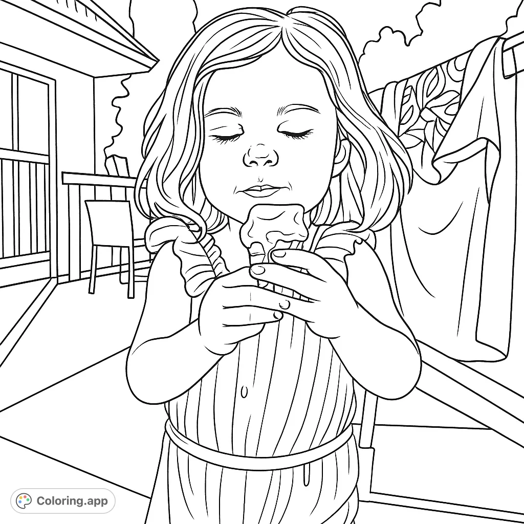 A delightful summer scene featuring a young girl with closed eyes, happily savoring a melting ice cream cone. Perfect for a sweet, relaxing coloring experience.