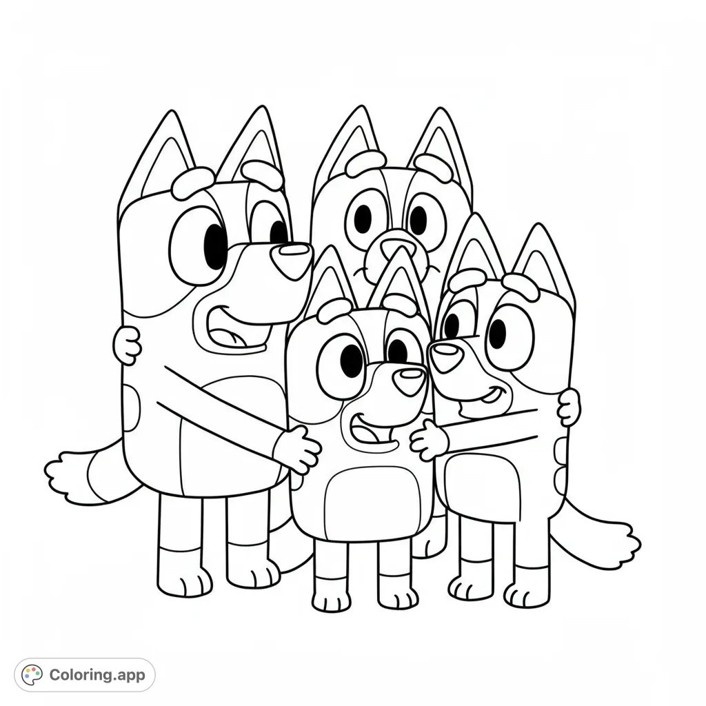 A heartwarming cartoon dog family group hug, perfect for a free printable coloring page. Features beloved characters in a joyful pose for kids and adults.