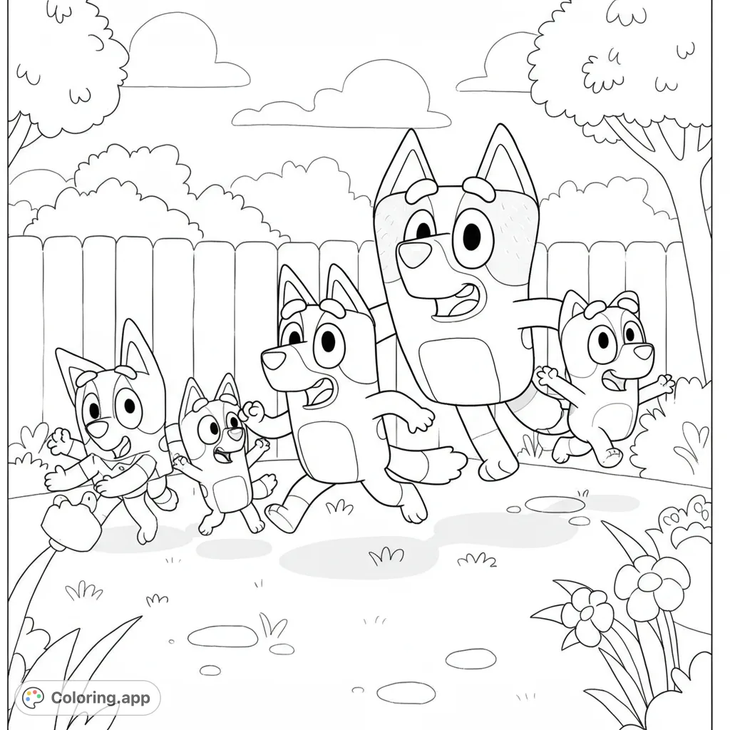 A joyful Bluey family coloring page featuring five happy dog characters running in a vibrant backyard. Perfect for kids and family fun!