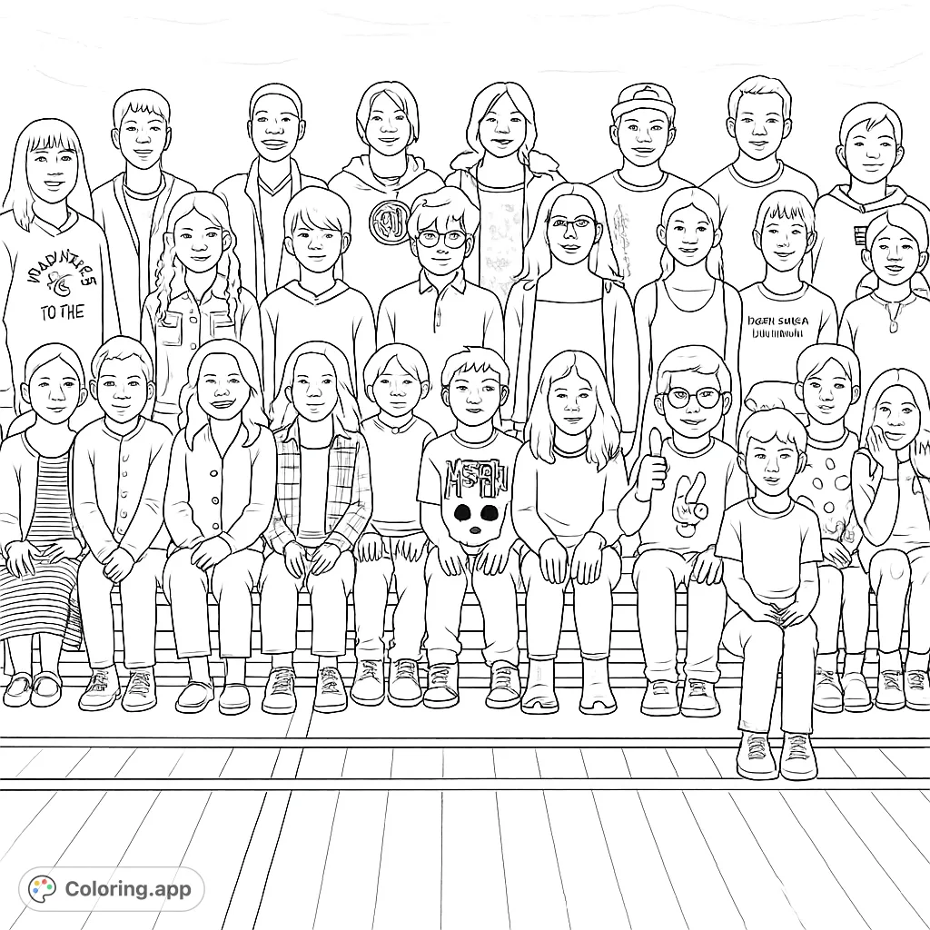 A vibrant school class coloring page featuring a diverse group of smiling children arranged in rows, perfect for fostering creativity and learning.