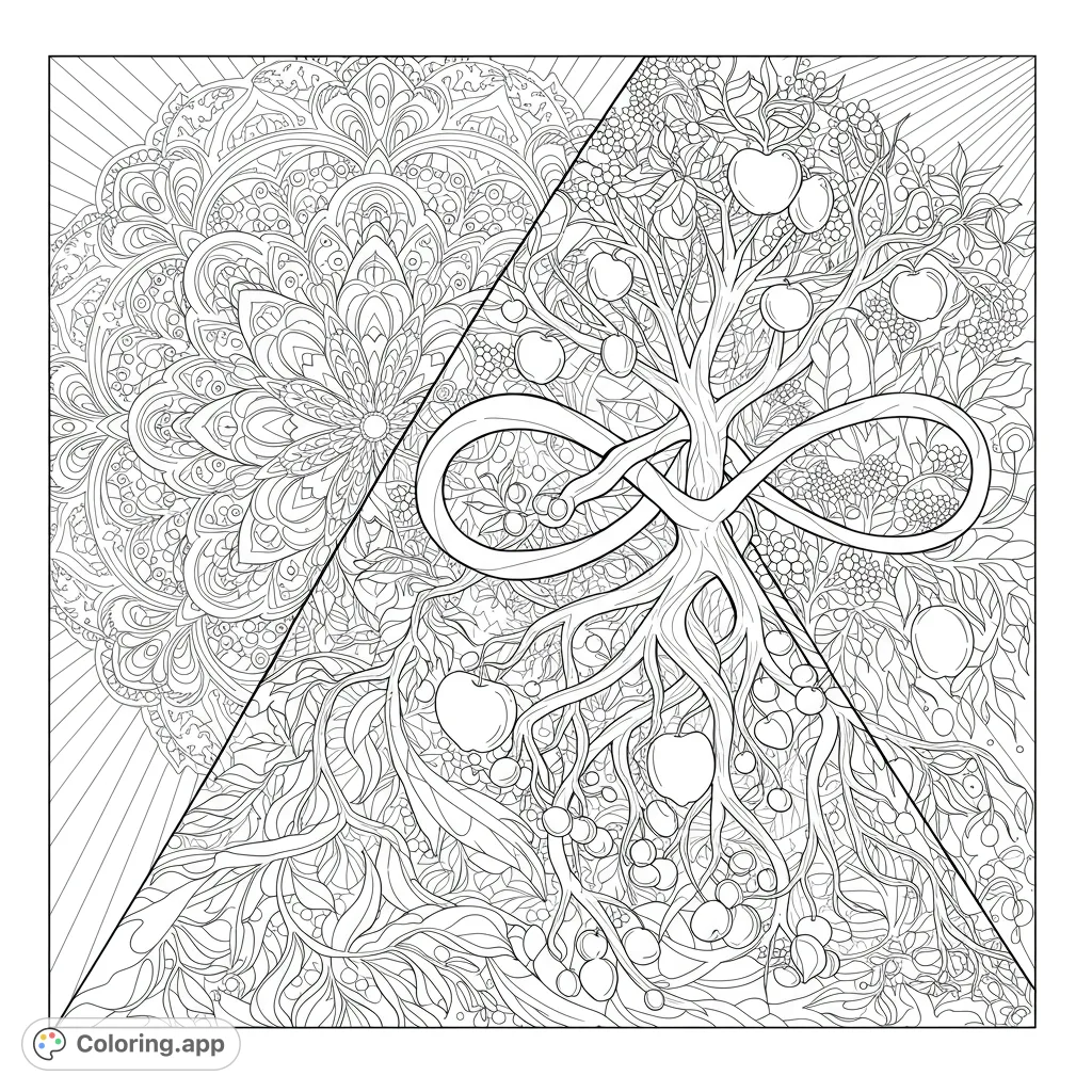 Intricate Tree of Life intertwined with an infinity symbol, set against a detailed mandala. A complex design for mindful coloring.