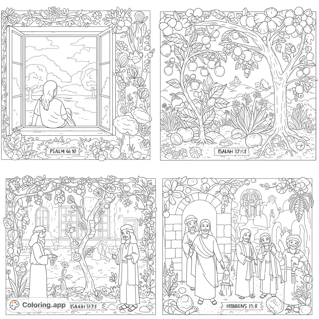 Explore four detailed biblical scenes framed by lush nature. A serene window view, fruitful trees, and ancient figures offer a peaceful, inspiring coloring experience.