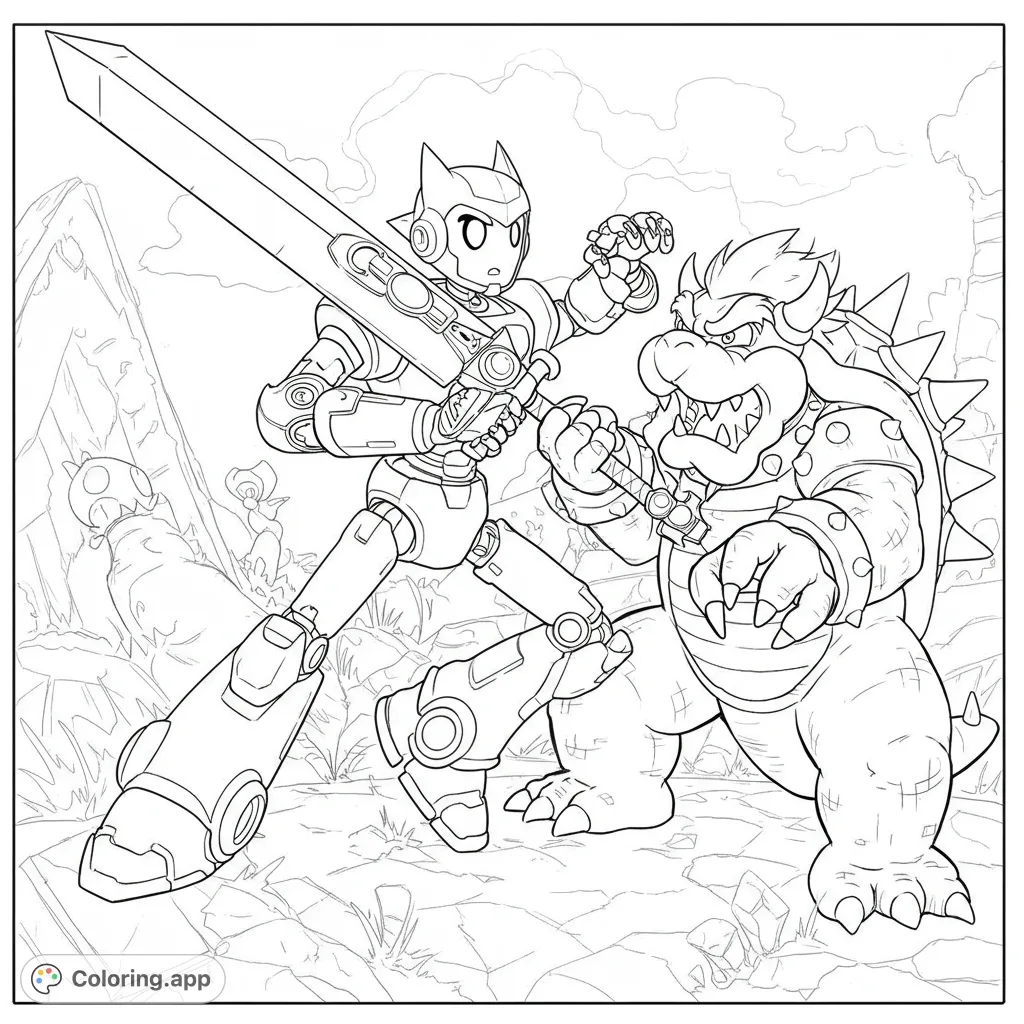 Epic robot vs. monster battle coloring page! A heroic robot with a sword faces off against a spiky beast in a dynamic, action-packed scene. Free printable for all ages!