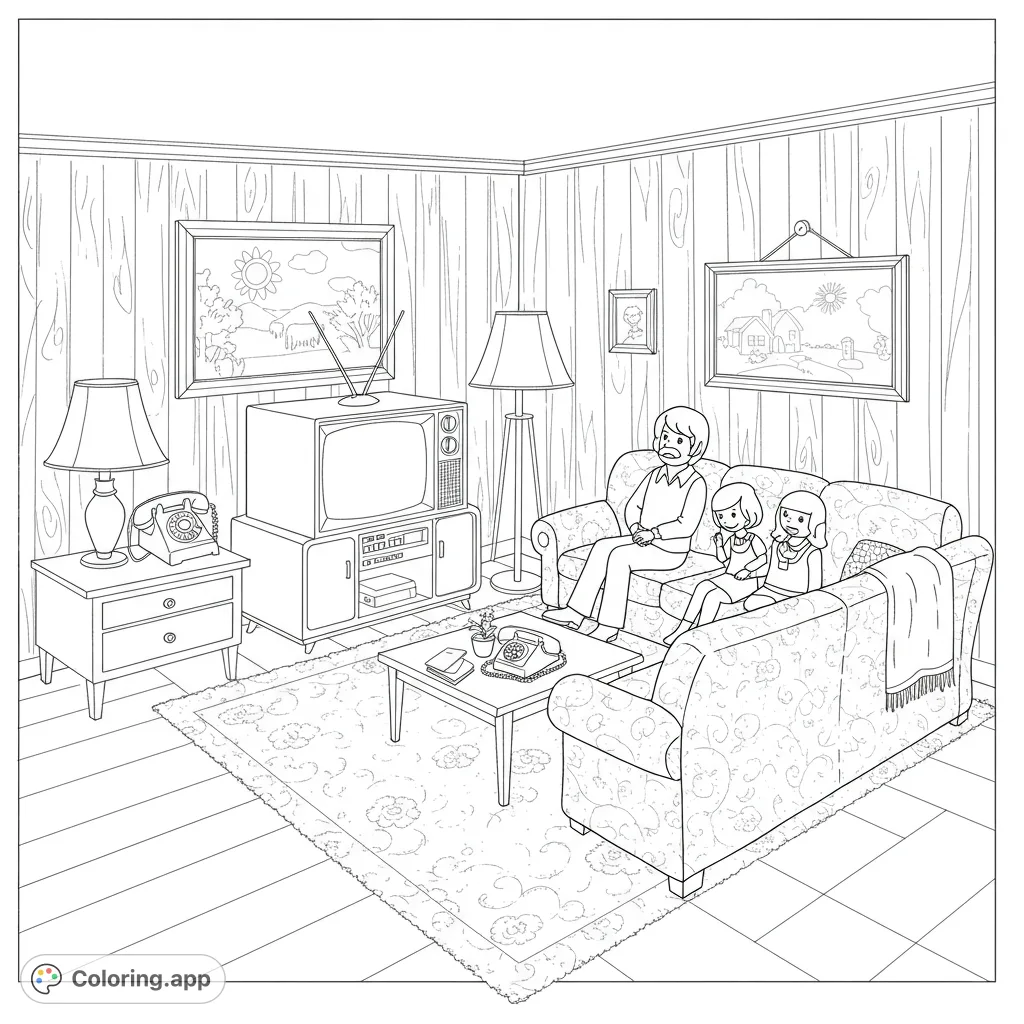 Step into a cozy retro living room! A family enjoys TV time amidst vintage decor, wood-paneled walls, and classic furniture. Perfect for nostalgic coloring fun.