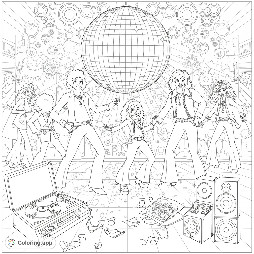 Step back to the 70s with this groovy disco party coloring page! Dancers, a disco ball, and music gear await your vibrant colors.