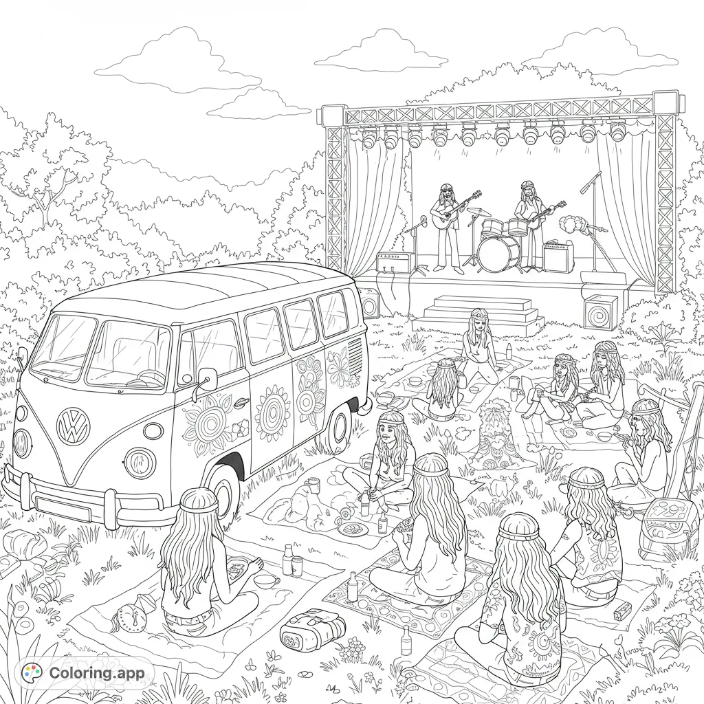 A vibrant retro festival scene with a VW bus, live band, and people enjoying music on the grass. Perfect for a nostalgic coloring experience.