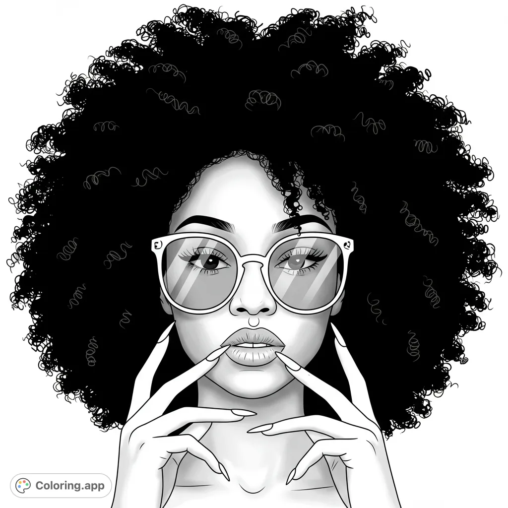 A fashionable woman with a voluminous afro and stylish glasses, hands poised near her lips. A chic portrait for creative coloring.