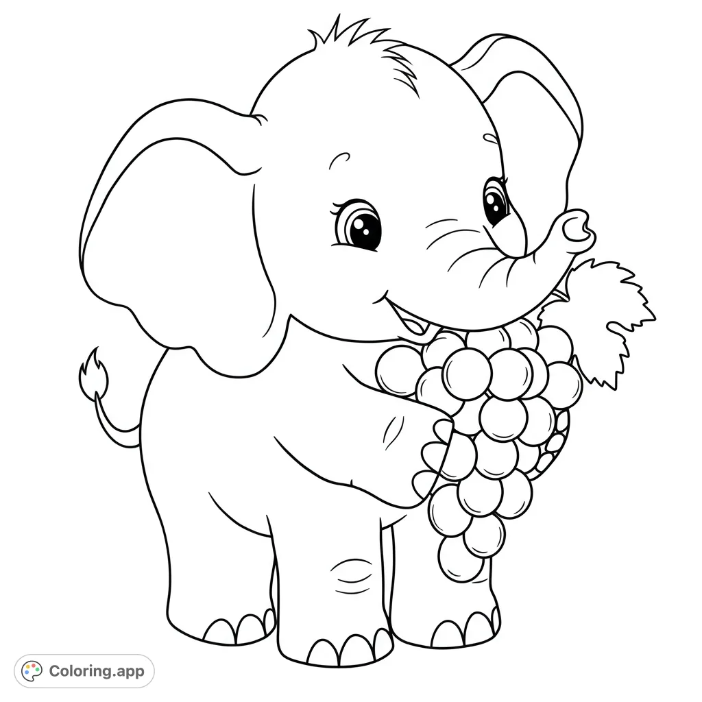 An adorable baby elephant smiles while holding a large bunch of grapes. A delightful and charming free printable elephant coloring page for kids and adults.