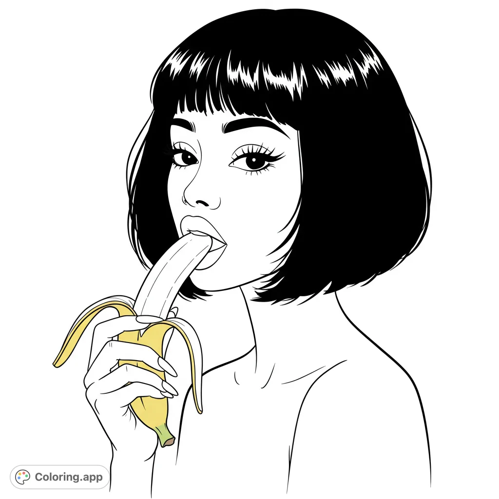 A captivating portrait of a woman with a bob haircut enjoying a banana. This free printable coloring page offers a unique and stylish design for adults.