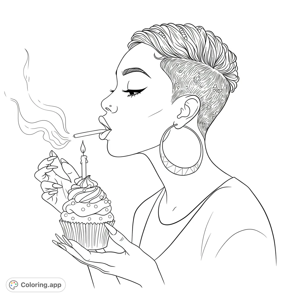 Stylish woman lights cigarette from cupcake candle. A unique adult fashion coloring page, free printable for creative expression.