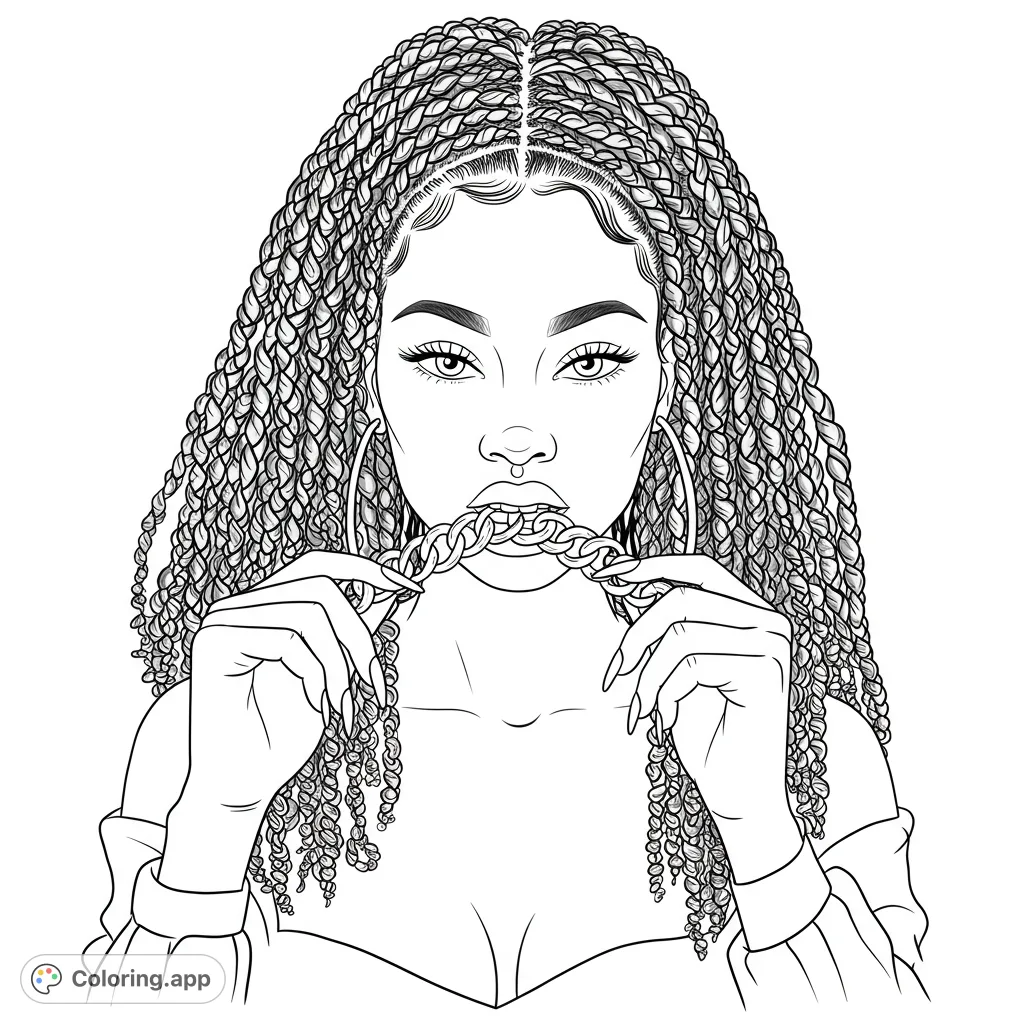 Stunning woman with intricate braids, hoop earrings, and a bold chain held in her mouth. A captivating portrait for creative coloring.
