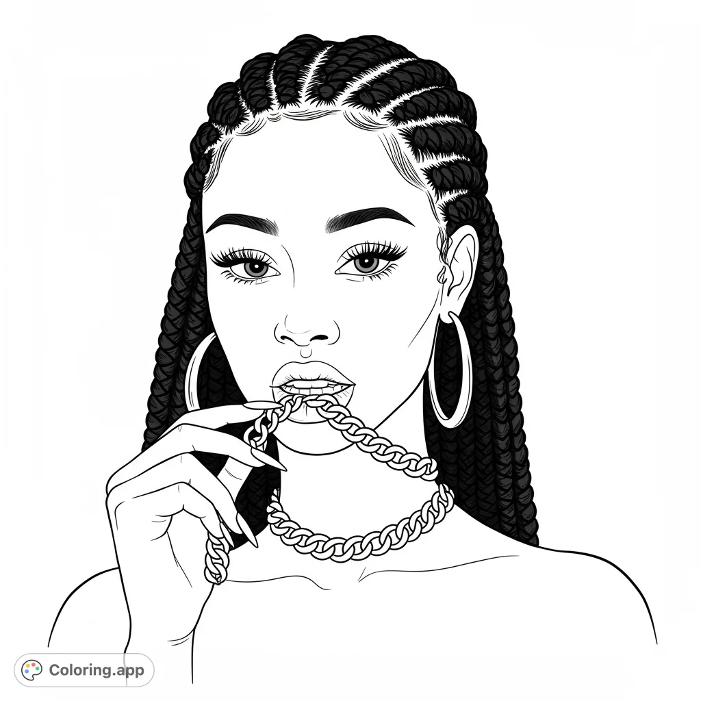 A stunning woman with intricate braids and a bold chain, perfect for a stylish coloring page. Express your creativity with this free printable design.