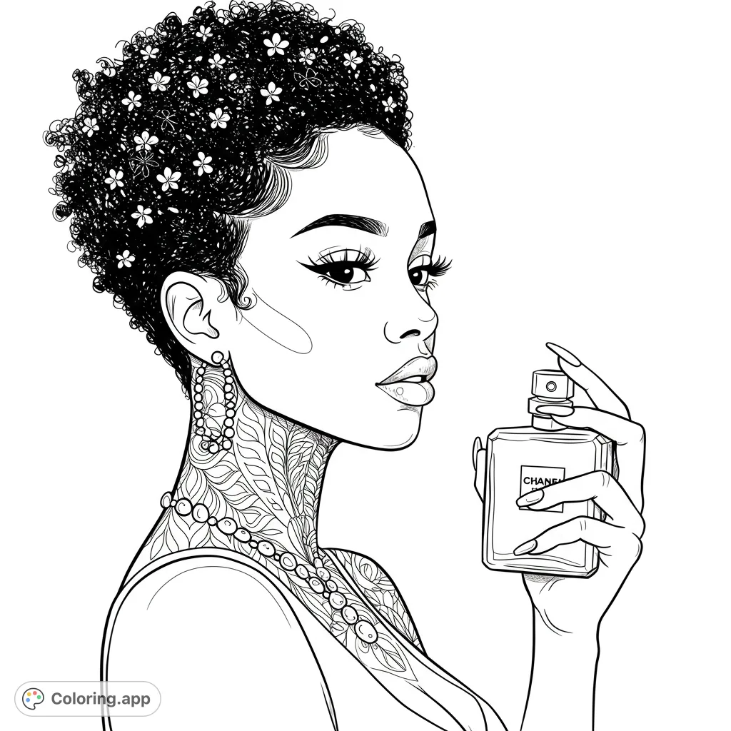 Elegant woman with floral curly hair, pearl jewelry, and intricate neck patterns, holding a perfume bottle. A stylish fashion coloring page.