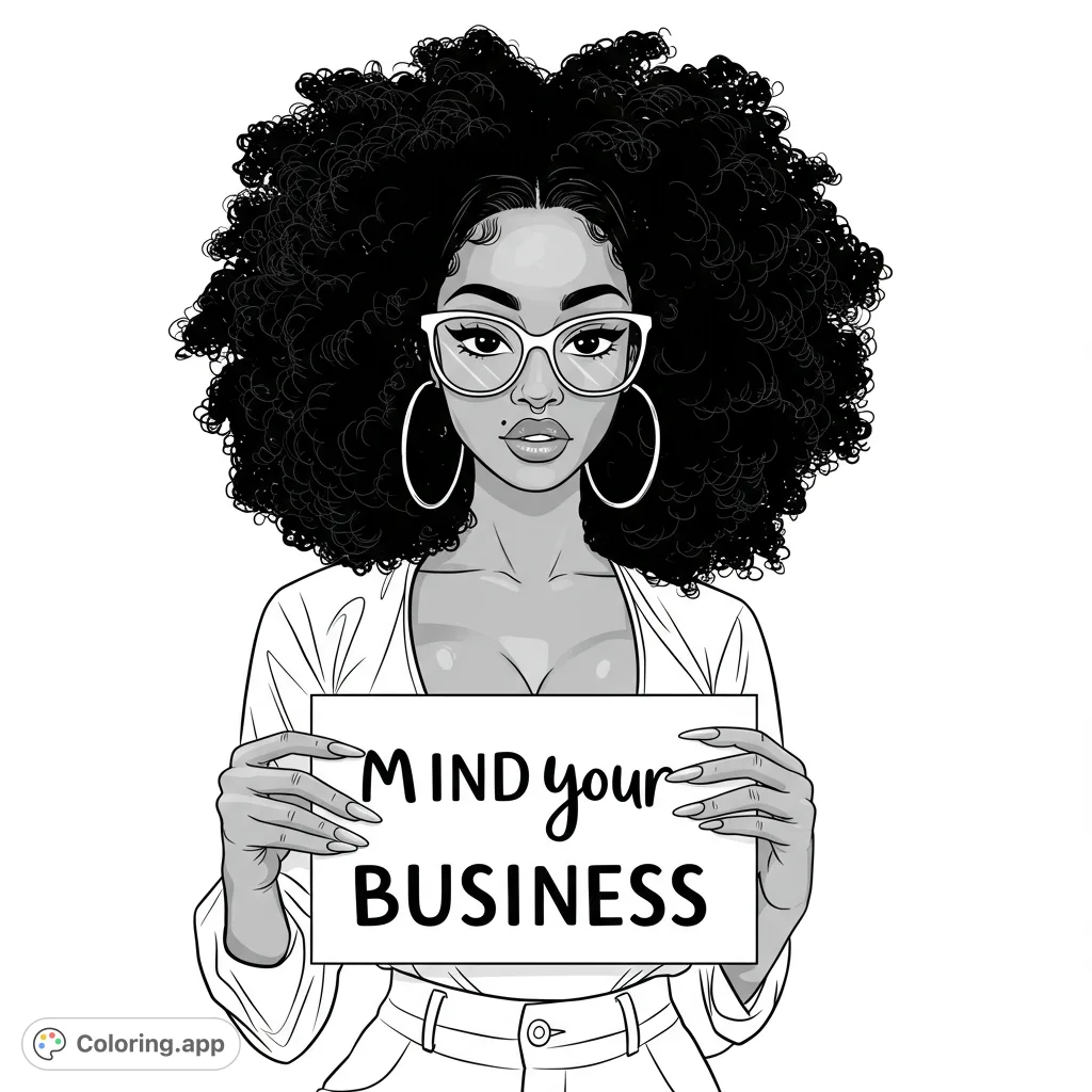 Stylish afro woman coloring page with chic glasses and a blank sign. Free printable fashion coloring page for adults, perfect for creative expression.