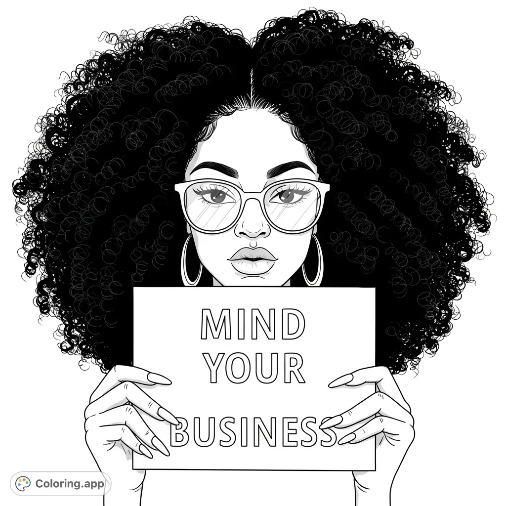 A stylish woman with a large afro and glasses holds a blank sign, ready for your creative colors. Free printable coloring page for adults.