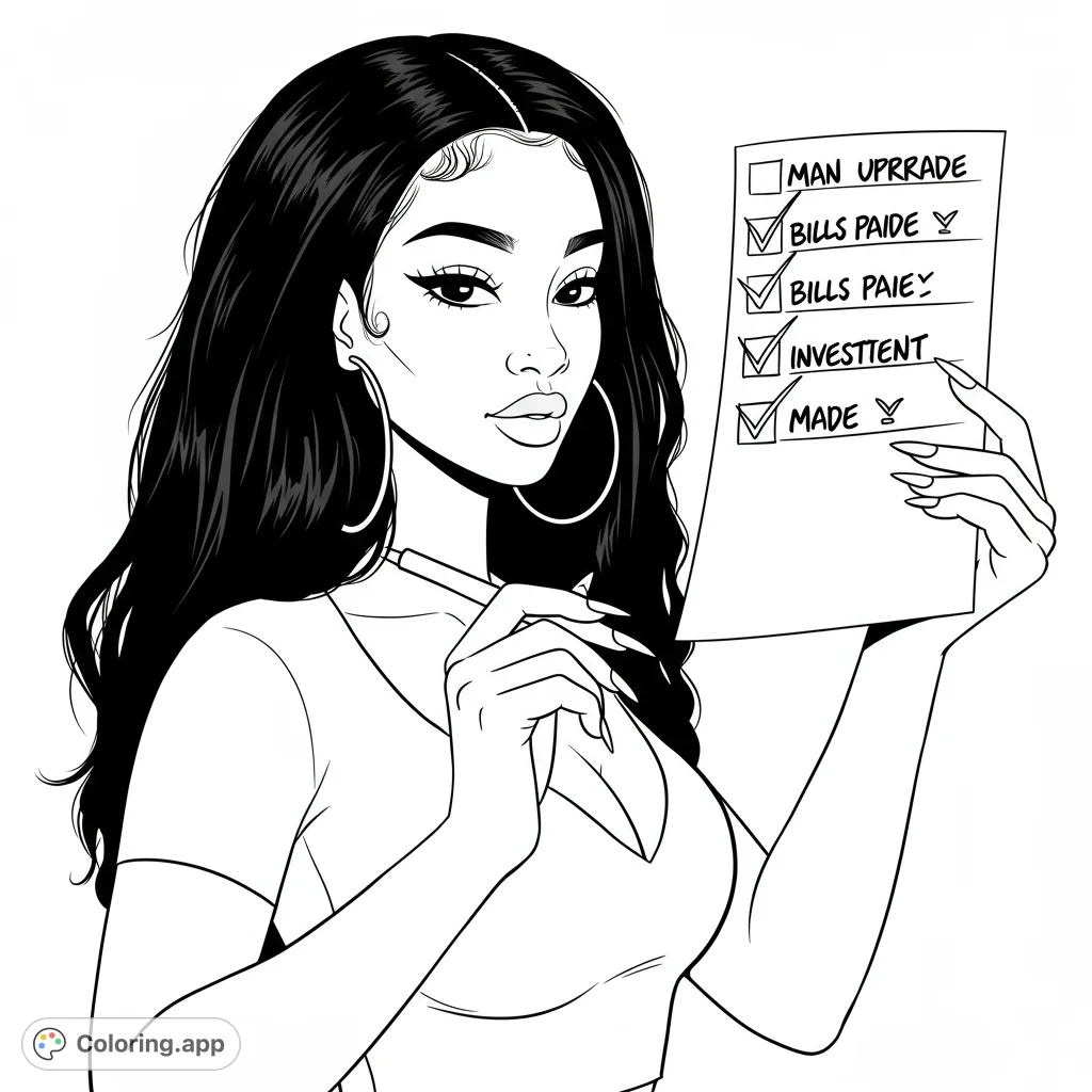Empowered woman with flowing hair and hoop earrings, holding a checklist and pen. A stylish and motivational free printable coloring page.