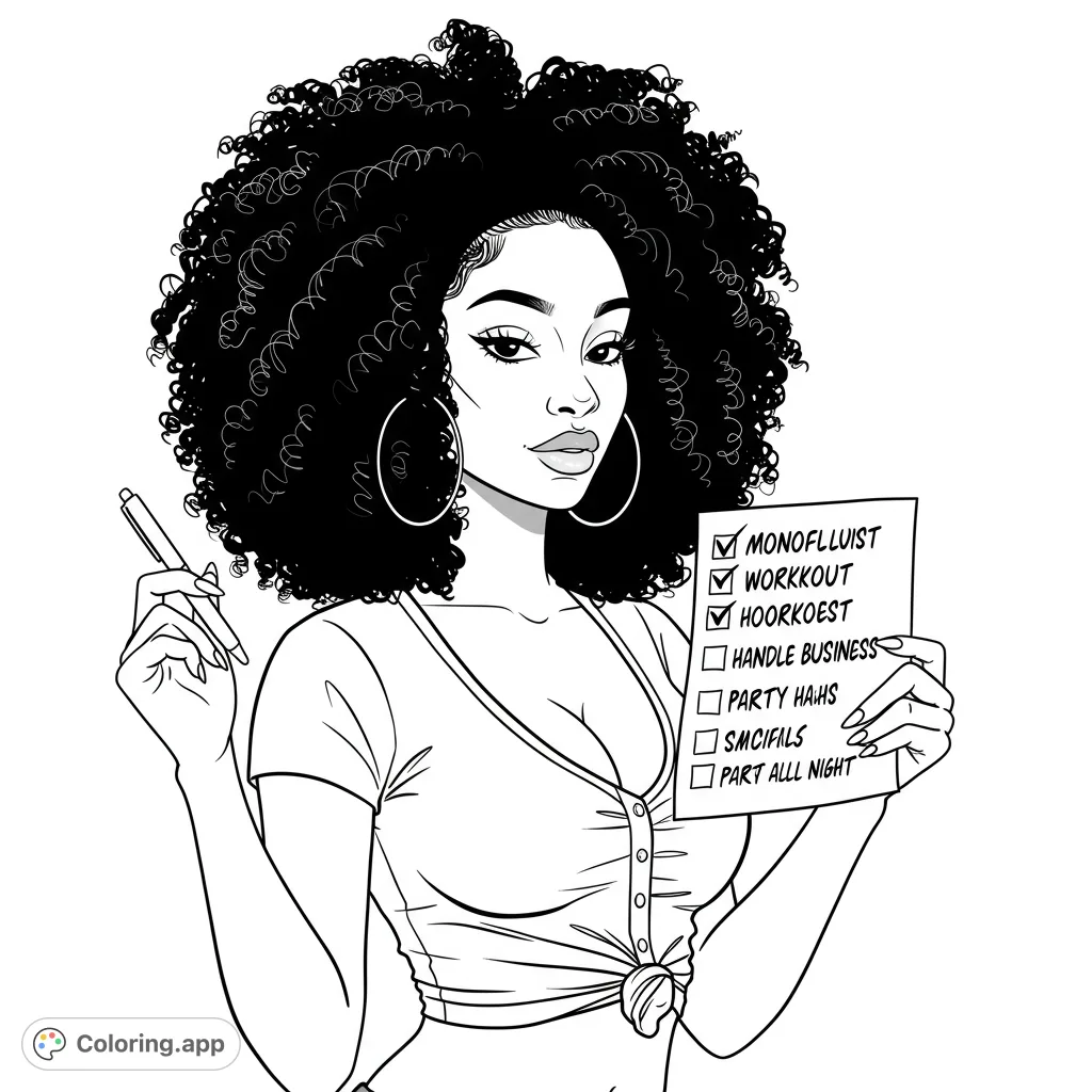 A stylish woman with voluminous curly hair holds a pen and a blank checklist, ready to tackle her day. A free printable coloring page for all ages.