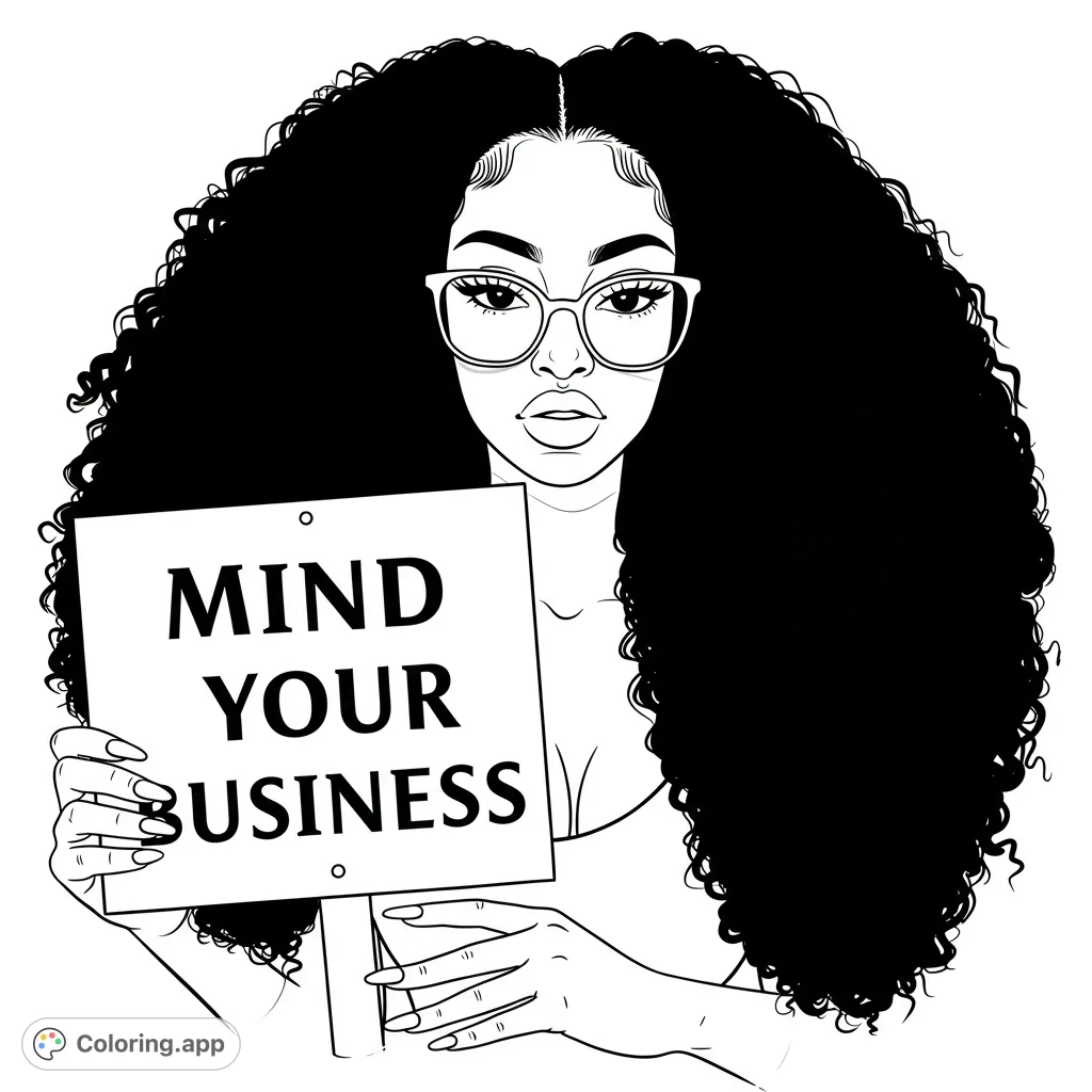 A stylish woman with voluminous curly hair and glasses holds a blank sign, ready for your creative touch. Free printable coloring page.