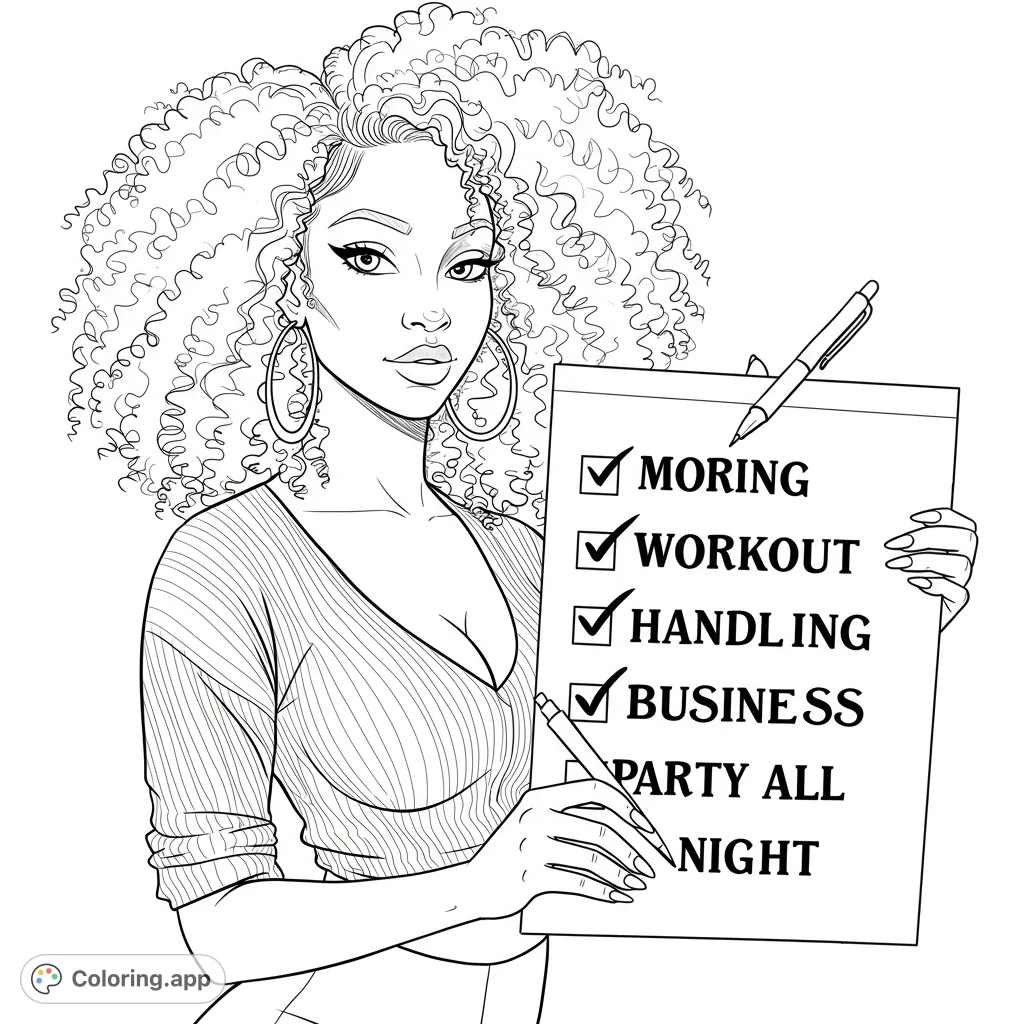 Empowering coloring page featuring a confident woman with voluminous curly hair holding a checklist, perfect for daily inspiration and creative expression.