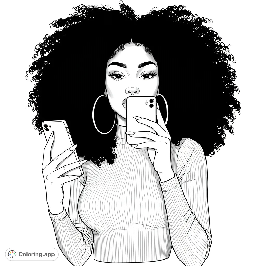 A stylish woman with voluminous curly hair and hoop earrings, holding two smartphones. Perfect for a modern fashion coloring page.