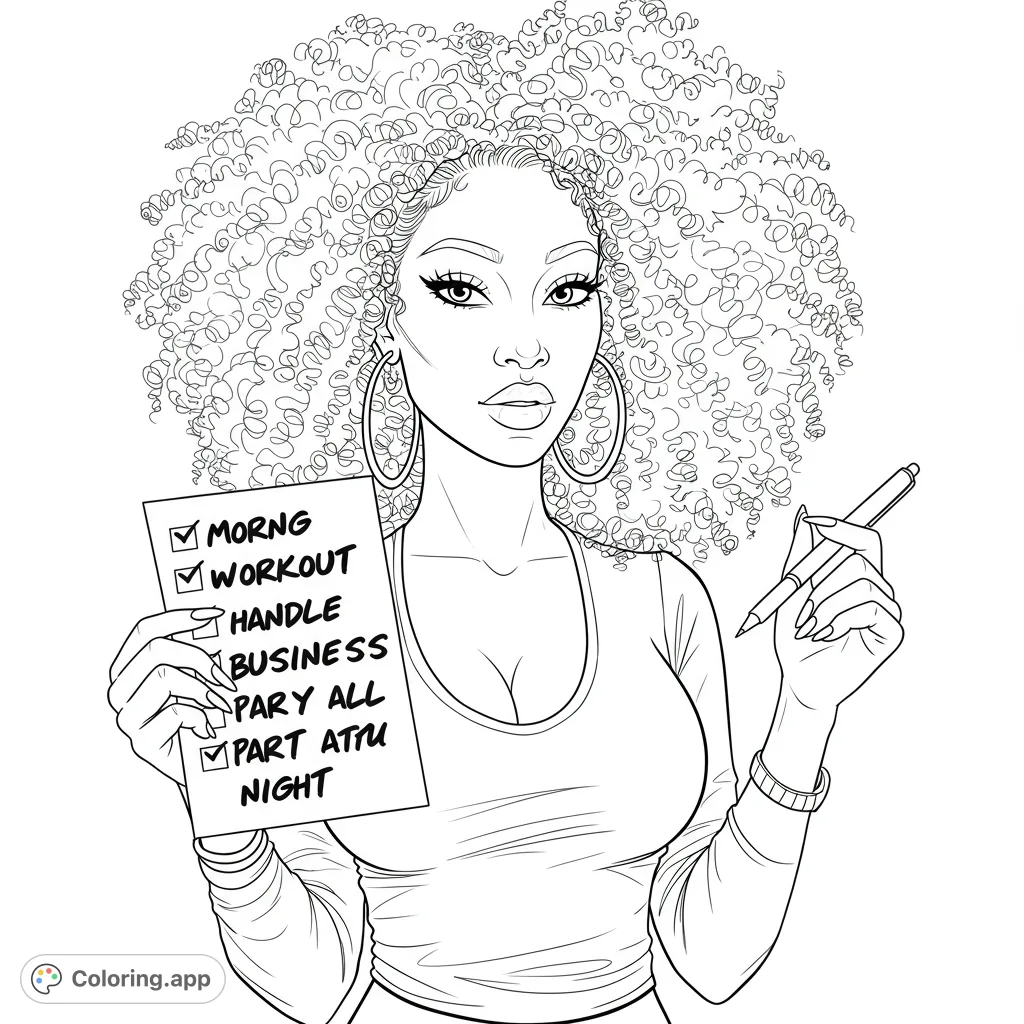 Empowered woman with voluminous curly hair holds a blank checklist and pen, ready to conquer her day. A free printable adult coloring page.