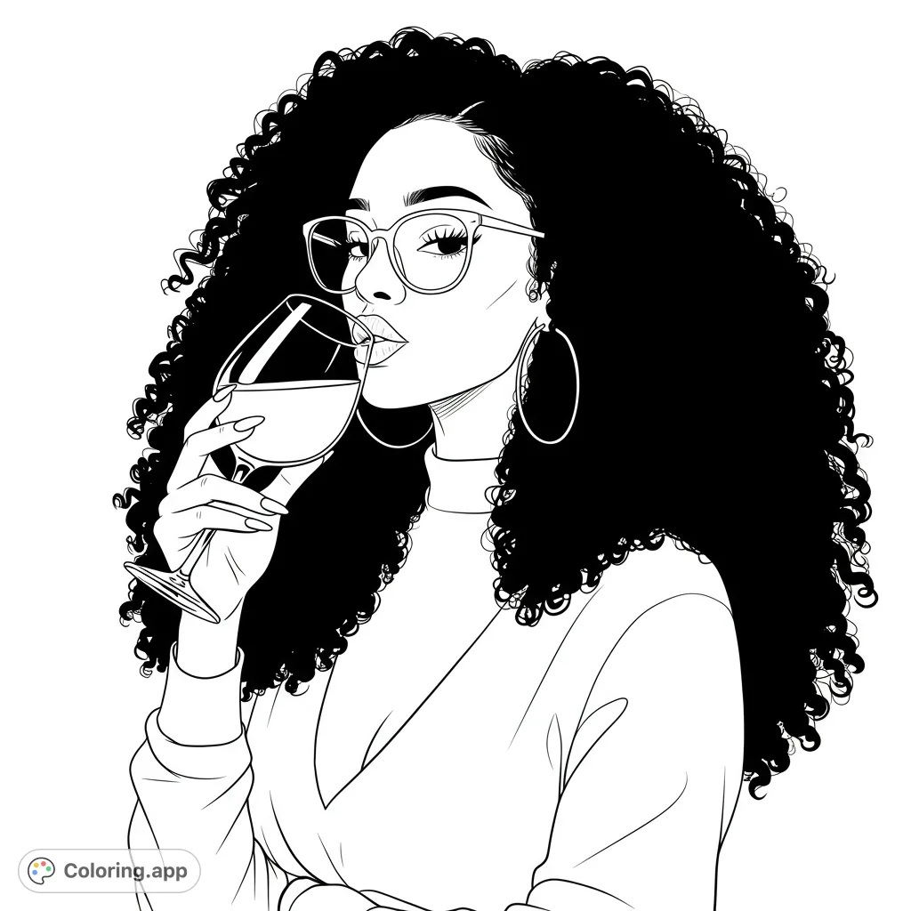 Elegant woman with voluminous curly hair, glasses, and hoop earrings sips wine. A stylish free printable coloring page for adults.