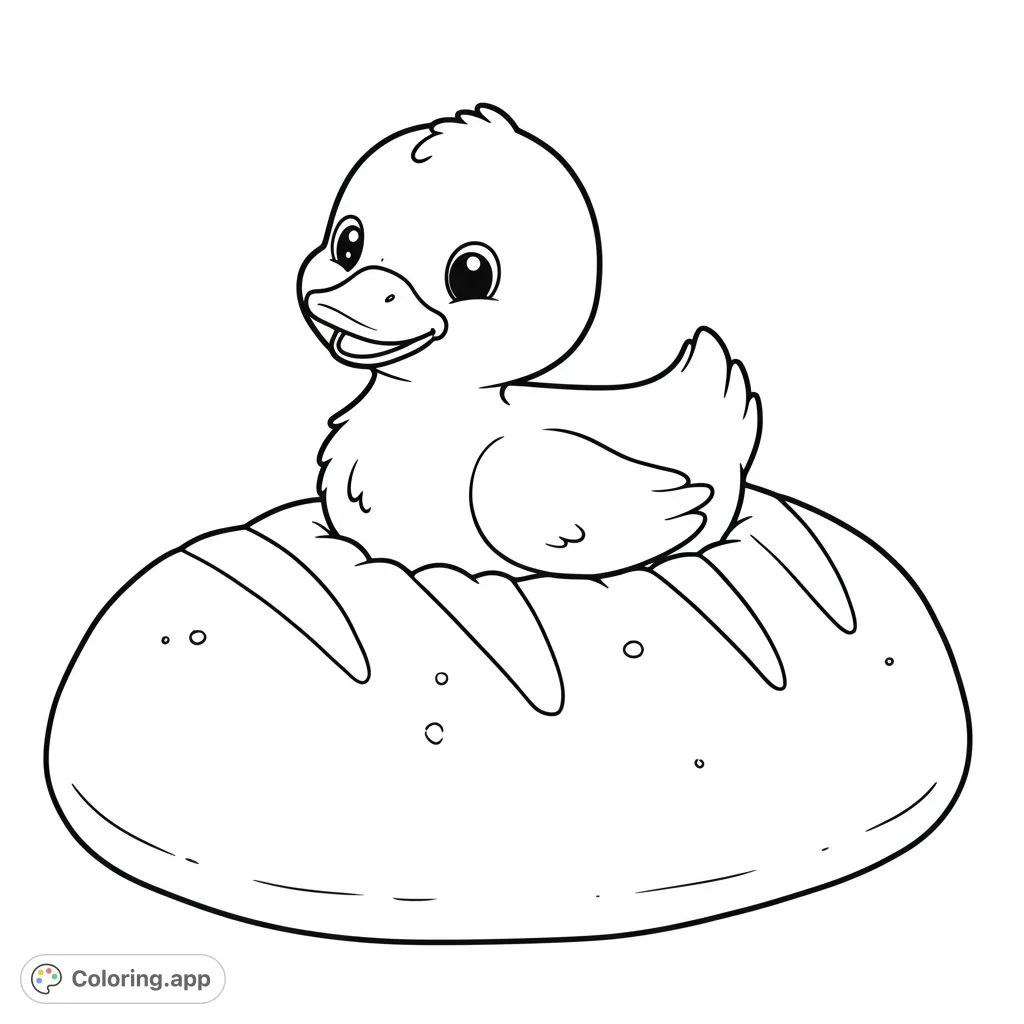 A delightful duckling sits on a fresh bread loaf, ready for coloring. Perfect for a cute animal coloring page and free printable fun!
