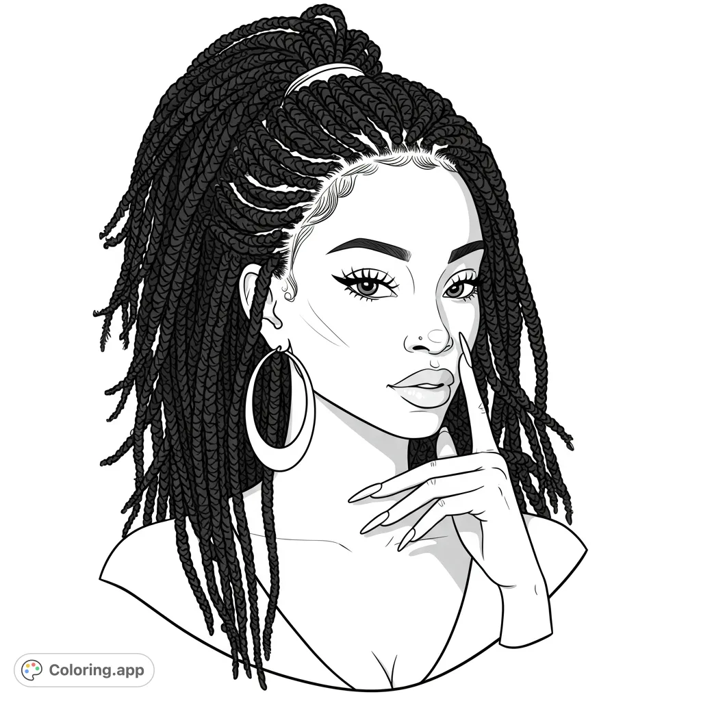An elegant woman with intricate box braids and a thoughtful pose. Perfect for a free printable coloring page, celebrating beauty and style.
