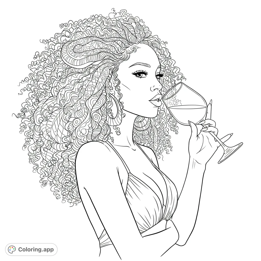 Stunning woman with voluminous, intricately detailed curly hair sips wine. A sophisticated adult coloring page for relaxation and artistic expression.