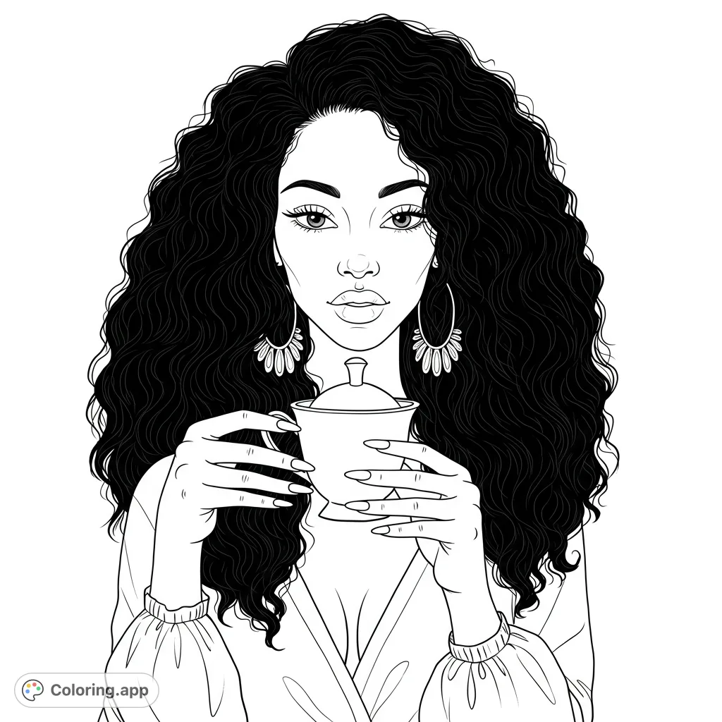 An elegant woman with voluminous curly hair holds a decorative cup, featuring intricate earrings and a serene expression. Perfect for adult colorists.
