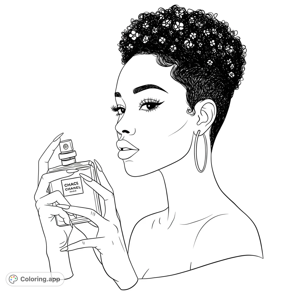 An elegant woman with curly, flower-adorned hair holds a perfume bottle. A sophisticated fashion coloring page for beauty enthusiasts.