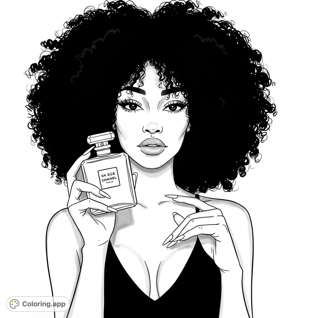 An elegant woman with voluminous curly hair holds a perfume bottle. A stylish fashion coloring page for adults and teens.