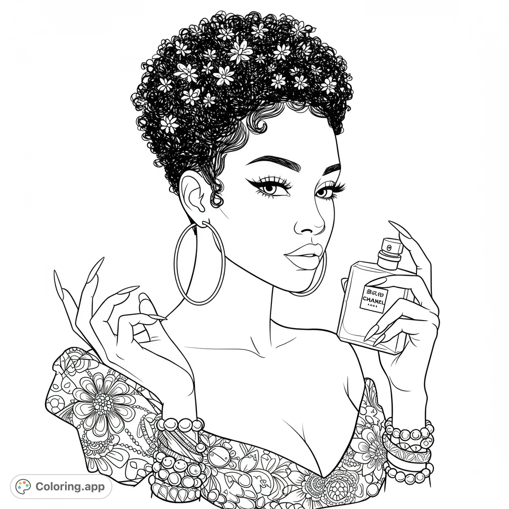 A chic woman with floral curly hair and a perfume bottle. A free printable fashion coloring page for adults, perfect for beauty enthusiasts.