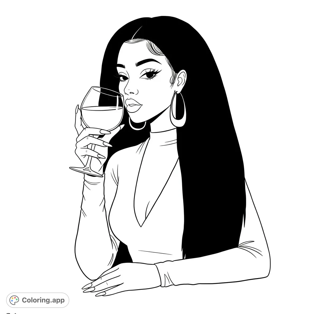 An elegant woman with long hair and hoop earrings holds a wine glass, perfect for a sophisticated coloring experience. A free printable adult coloring page.