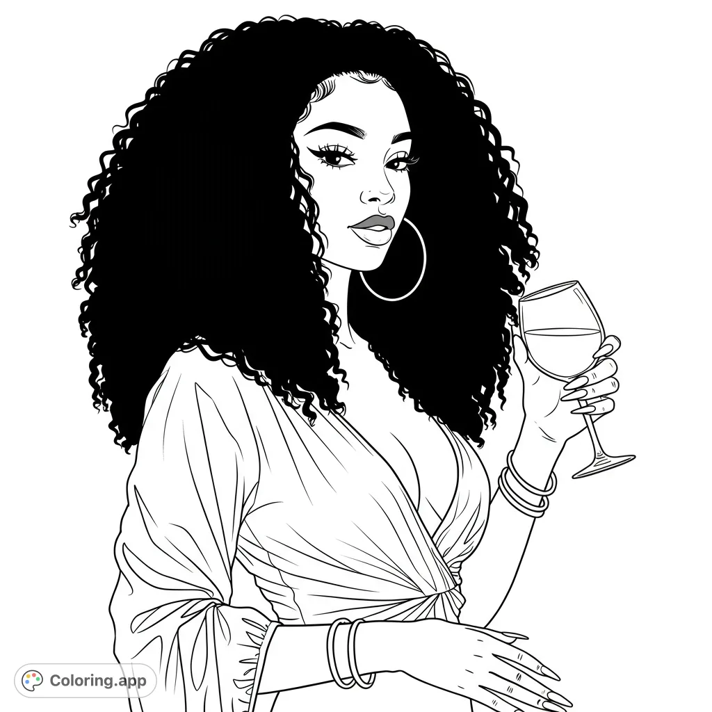 An elegant woman with voluminous curly hair holds a wine glass, ready for your creative touch. A free printable coloring page for adults.