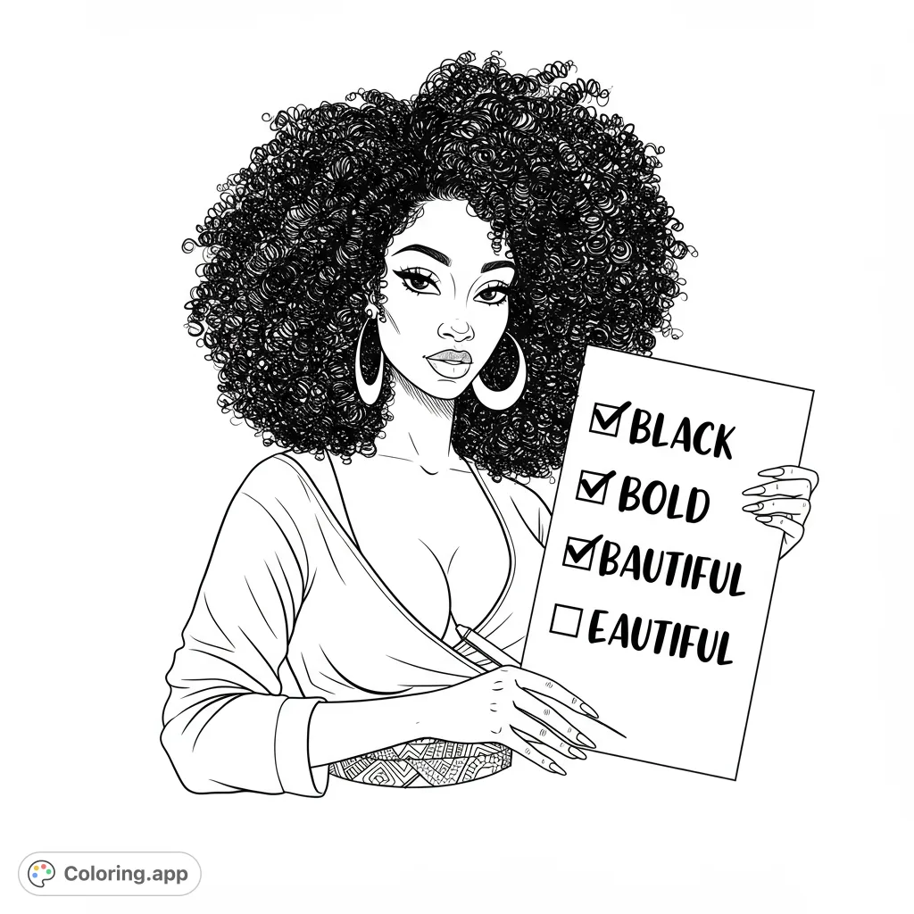 A confident woman with voluminous curly hair holds a checklist, embodying empowerment and self-love. A free printable coloring page.