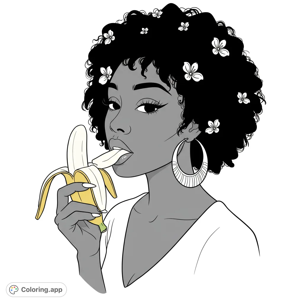 A stylish woman with a floral afro enjoys a banana. This free printable coloring page offers a unique blend of beauty and fun for all ages.