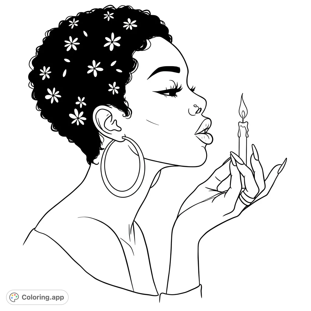 A beautiful woman with floral curly hair blows out a candle, perfect for a celebration-themed coloring page. Free printable for all ages.