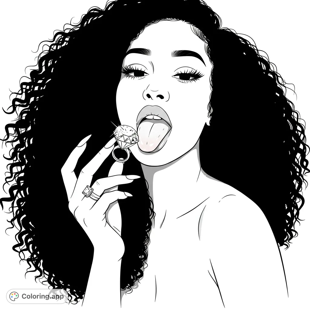 A stylish woman with voluminous curly hair, holding a sparkling diamond to her tongue. Perfect for fashion and beauty enthusiasts to color.