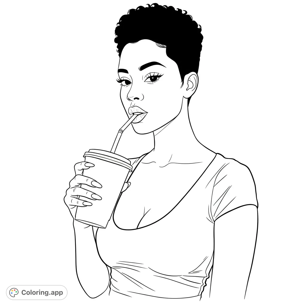 Color a chic woman with curly hair enjoying a drink. This free printable coloring page features a stylish portrait, perfect for fashion and portrait coloring pages for adults.