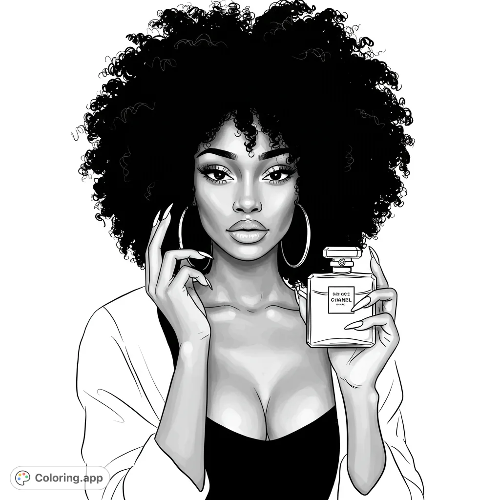 A chic woman with a stunning afro and elegant perfume bottle. Perfect for fashion lovers and those seeking a stylish coloring escape.