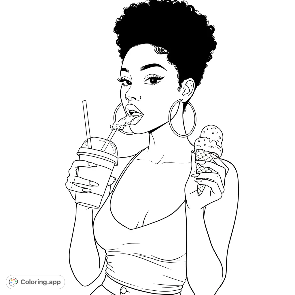 A trendy woman with an afro enjoys ice cream and a drink. A fun, free printable fashion coloring page for kids and adults to express creativity.