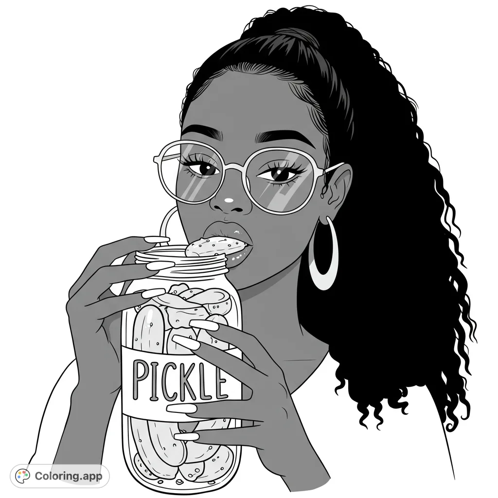 A stylish woman with a high ponytail and glasses enjoys a pickle from a jar. A fun, free printable coloring page for all ages.