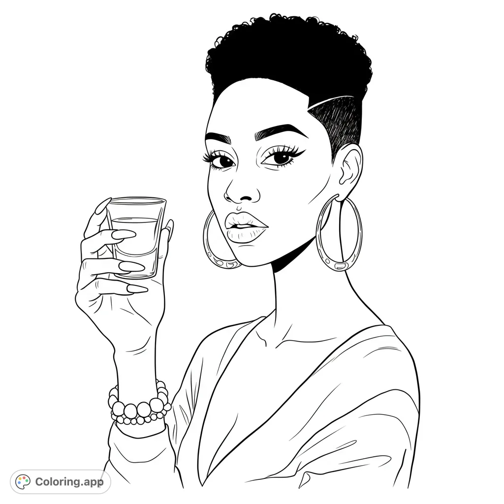 A stylish woman with short, curly hair and hoop earrings holds a shot glass. A chic portrait for creative coloring.