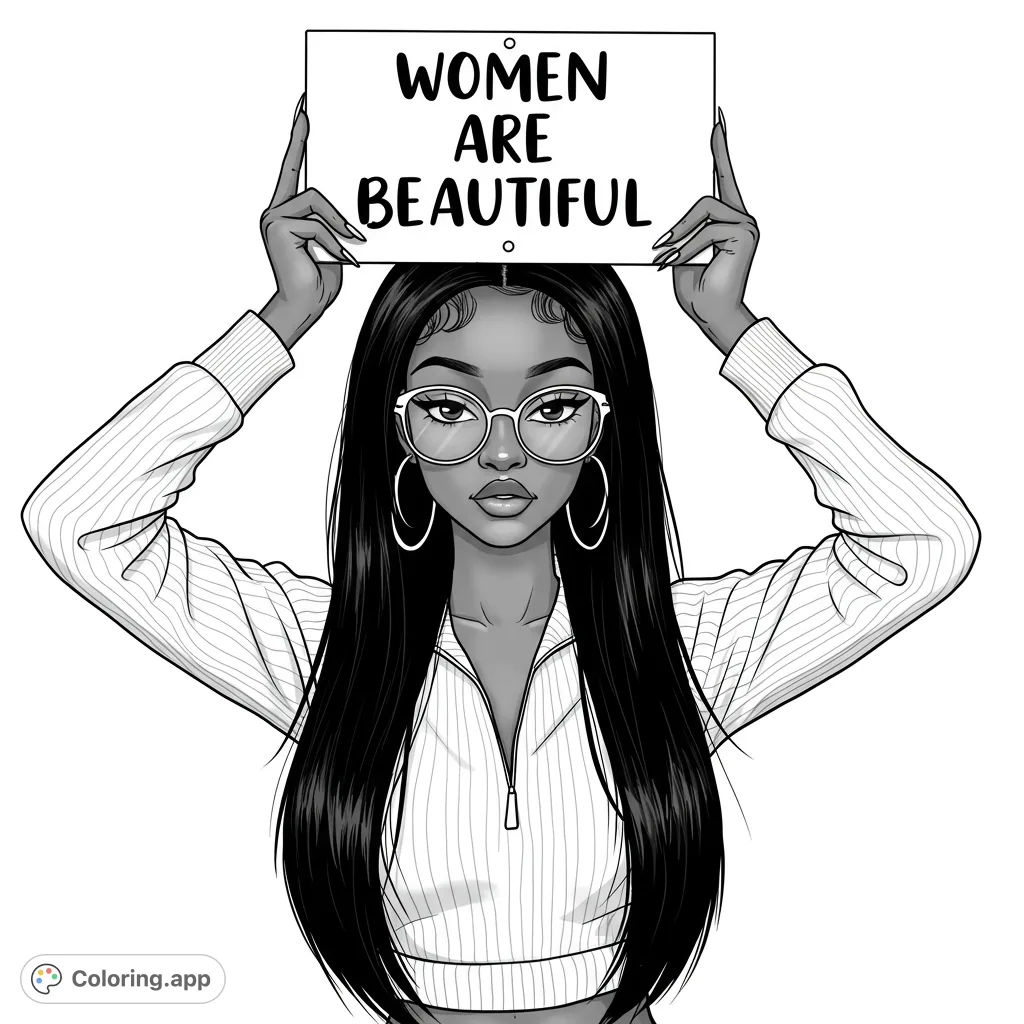 A stylish woman with long hair and glasses holds a blank sign, ready for your message. A free printable empowerment coloring page for all ages.