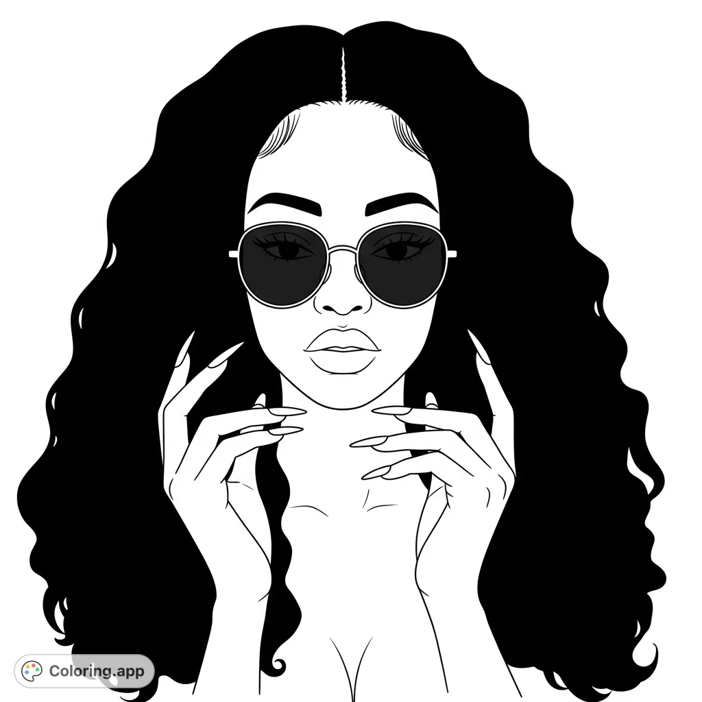 Color a chic woman with voluminous hair, stylish sunglasses, and elegant hands. A free printable fashion coloring page for all ages.