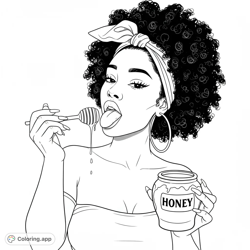 A stylish woman with curly hair enjoys honey from a dipper, holding a honey jar. A free printable beauty coloring page for all ages.