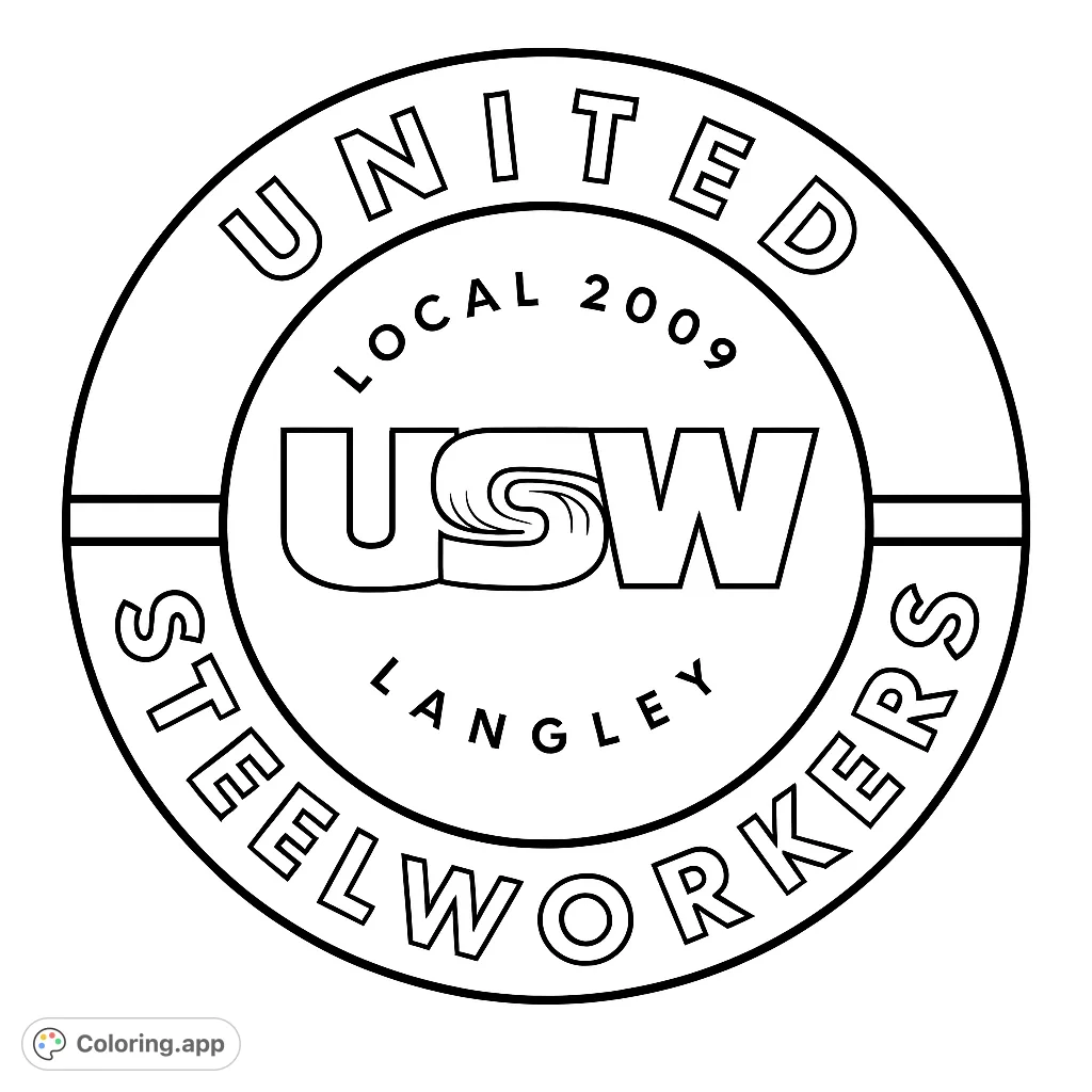 A bold United Steelworkers union emblem, perfect for a free printable coloring page. Features strong lines and a central stylized design.