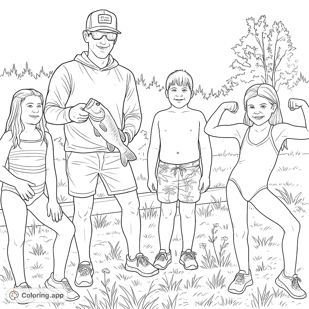 A joyful family of four, including a dad holding a fish, enjoying a sunny outdoor day. Perfect for a summer-themed free printable coloring page.