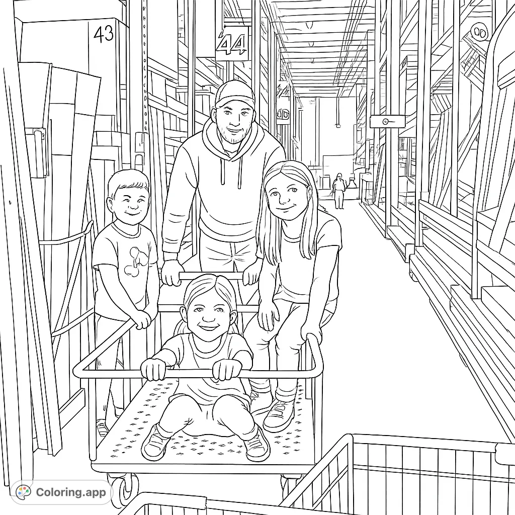 Join a family's fun shopping trip in a bustling store! This free printable family shopping coloring page features a dad and three kids in a cart, perfect for kids and adults.